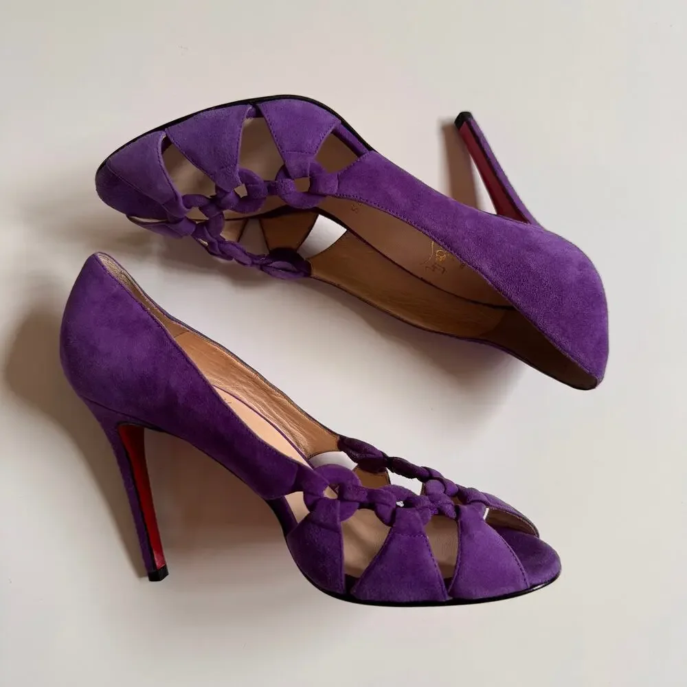 Christian Louboutin Purple Suede Vibrant Peep Toe Size 39 US 9 Shoes UNWORN